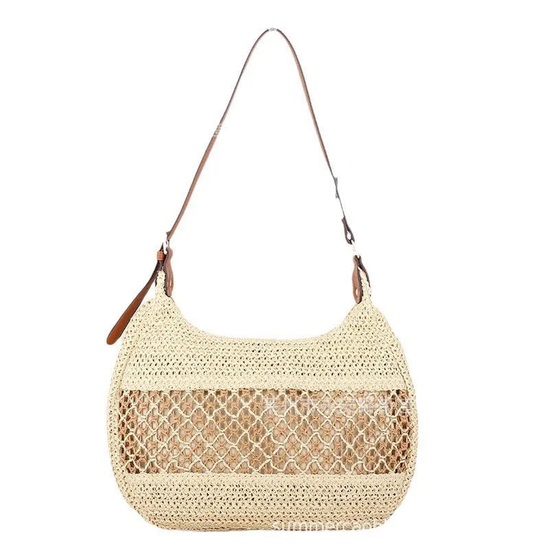 Women's straw cross body bag in khaki colour with horizontal square shape and sandwich pocket design