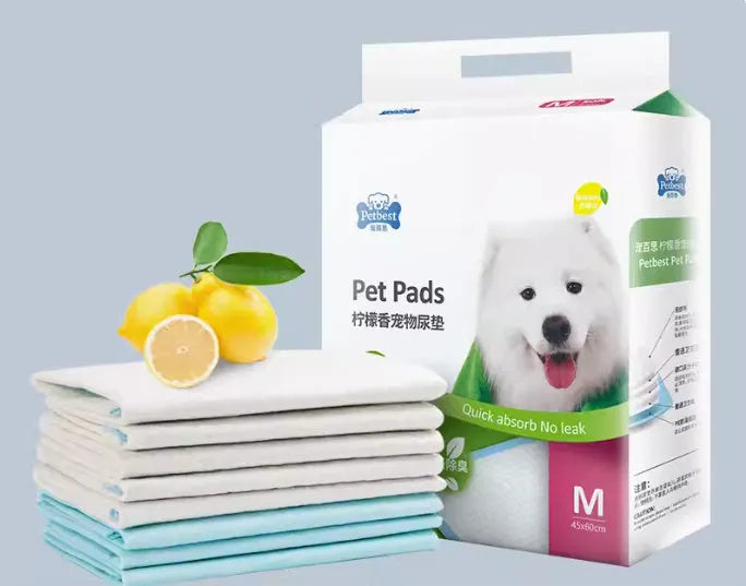 Pack of thickened absorbent dog urine pads showing size options and variant types like bamboo charcoal and lemon scent.