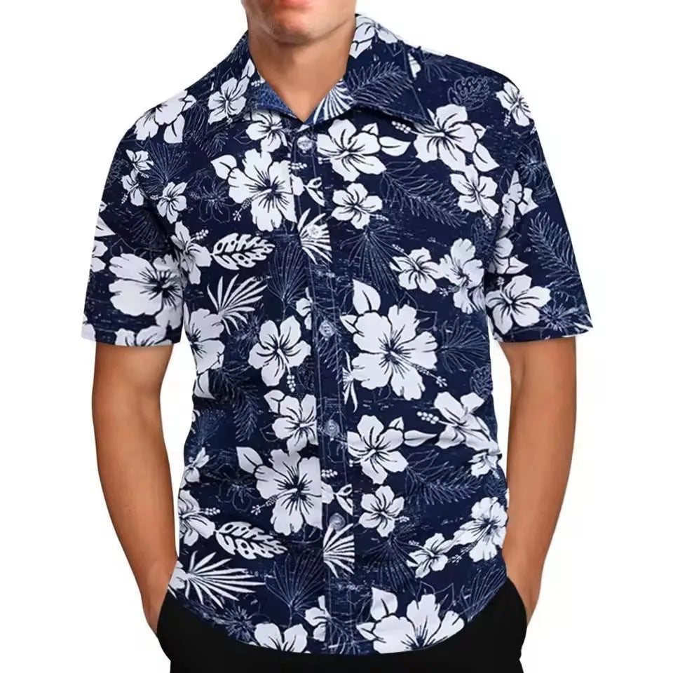 Men's loose-fit floral print short sleeve beach shirt in a colour from the available range.