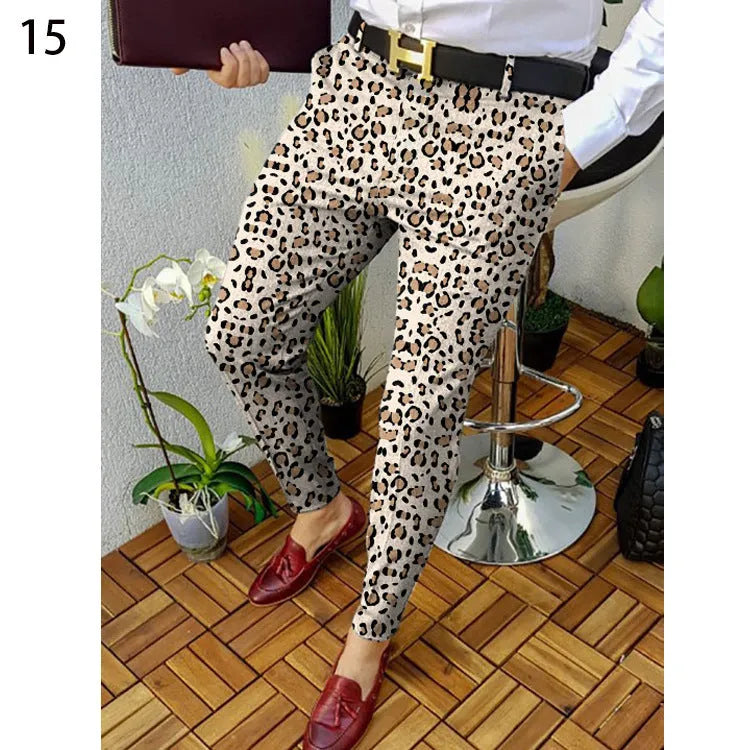 Men's slim-fit casual trousers with 3D printed plaid pattern in straight cut design