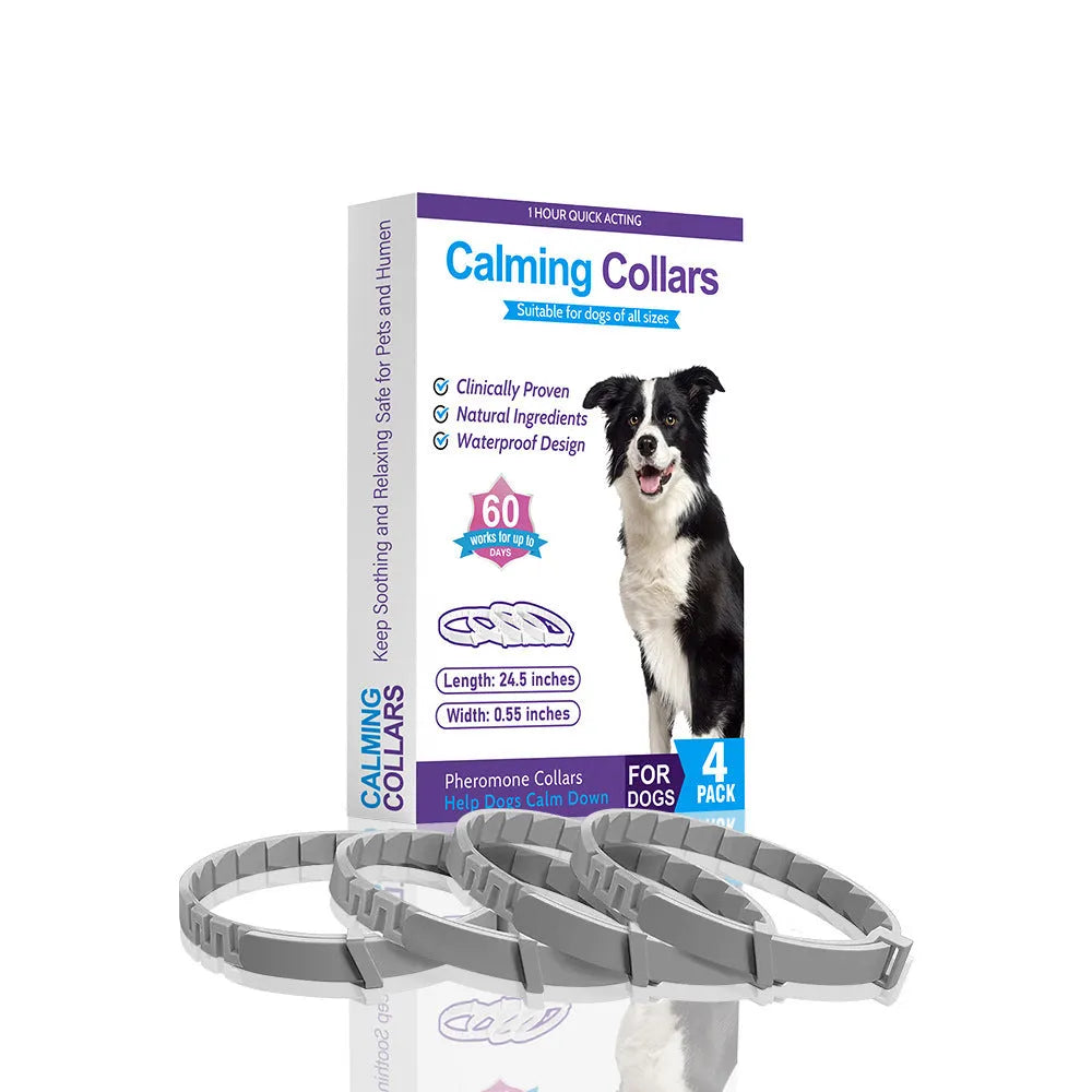 Four dog anxiety relief collars in different colours, showing Chinese style design and TPR material.