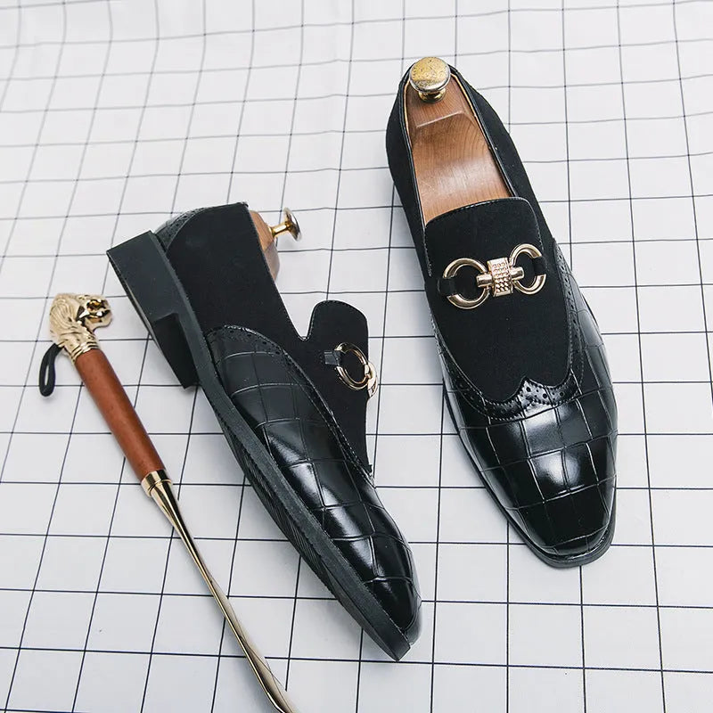 Men's black pointed toe low-top casual shoes with artificial PU leather upper and visible sewing lines.