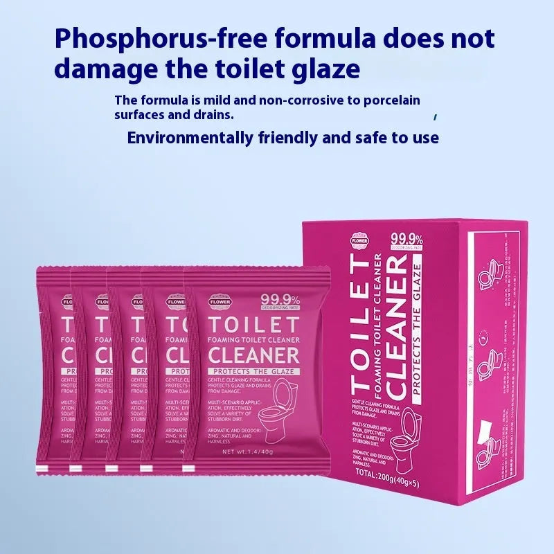 Toilet bubble powder in pink floral and blue ocean fragrance, showing 240g bag and box of five 40g sachets.