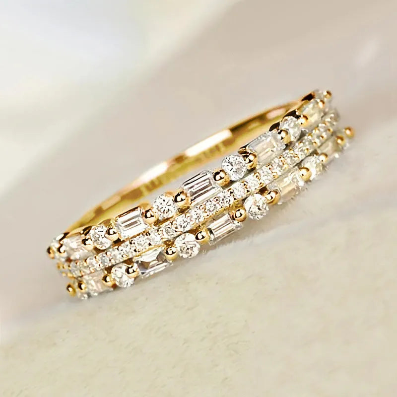 Multilayer copper ring with three-layer fine circle and line setting inlaid zircon for women