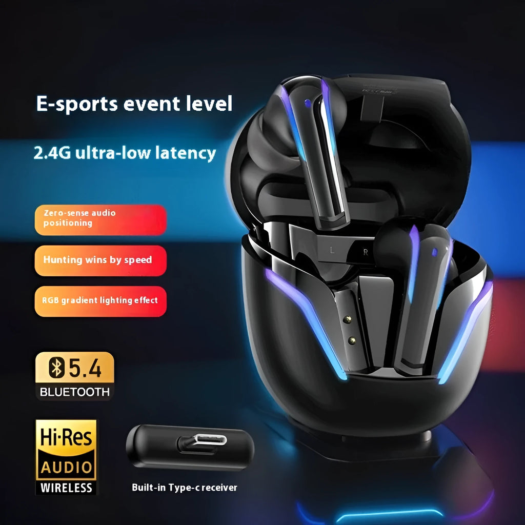 StarCraft Black GameBuds G7 wireless earbuds with gradient breathing light in charging case