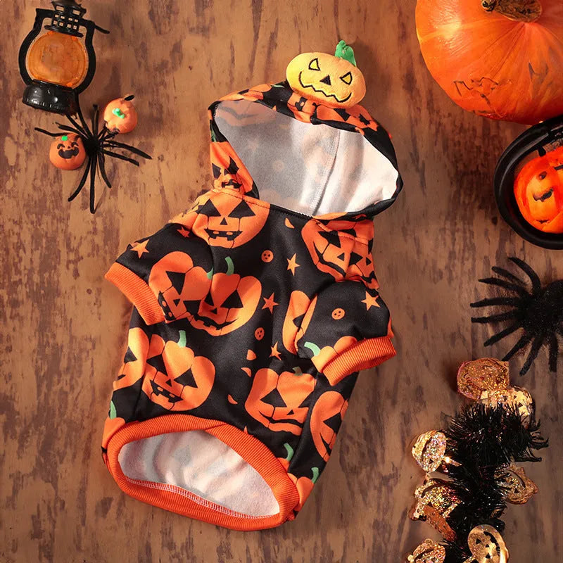 Halloween pet costume showing pumpkin skirt and sweater options in crystal velvet material for dogs and cats