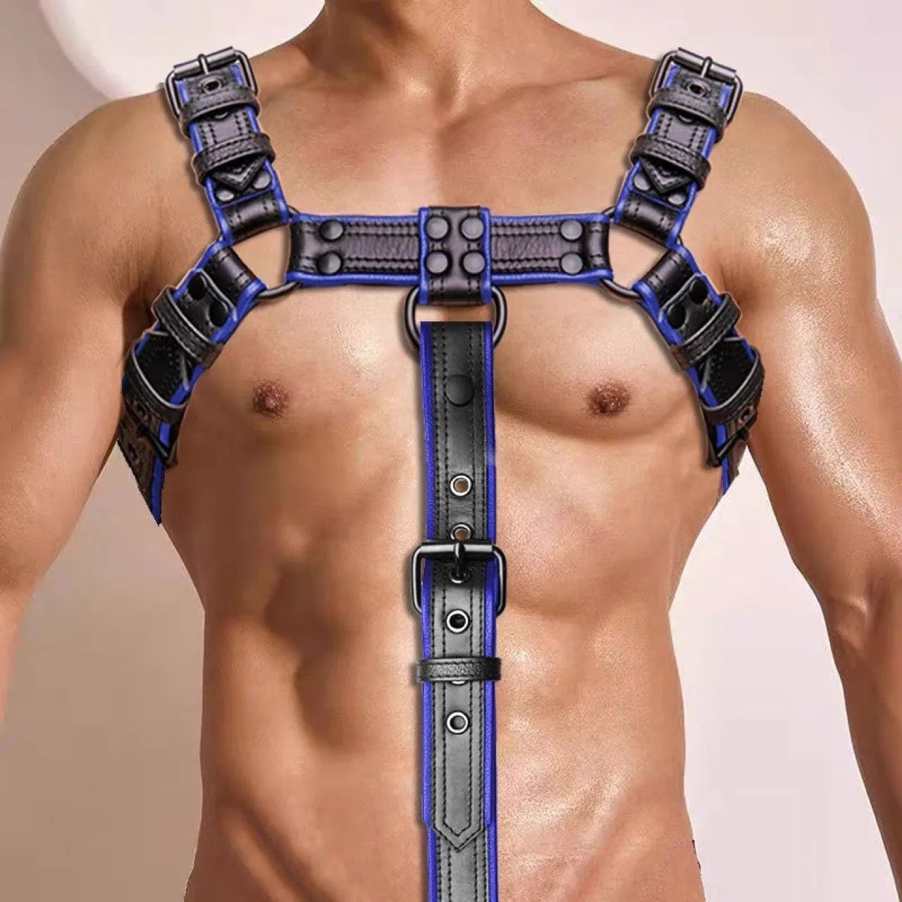Blue and black adjustable leather shoulder strap with metal rivet buckle for party binding