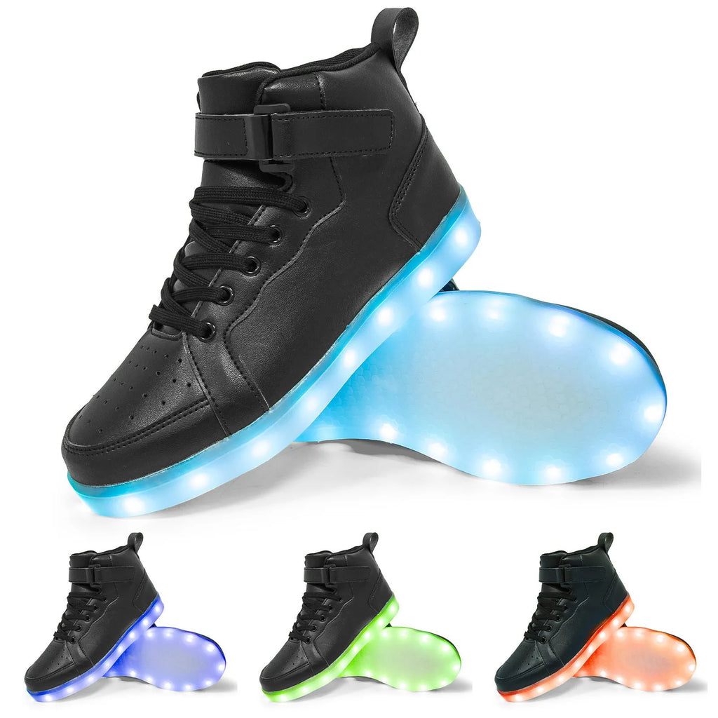 LED light-up high-top board shoes with charging port and Velcro closure in multiple colours