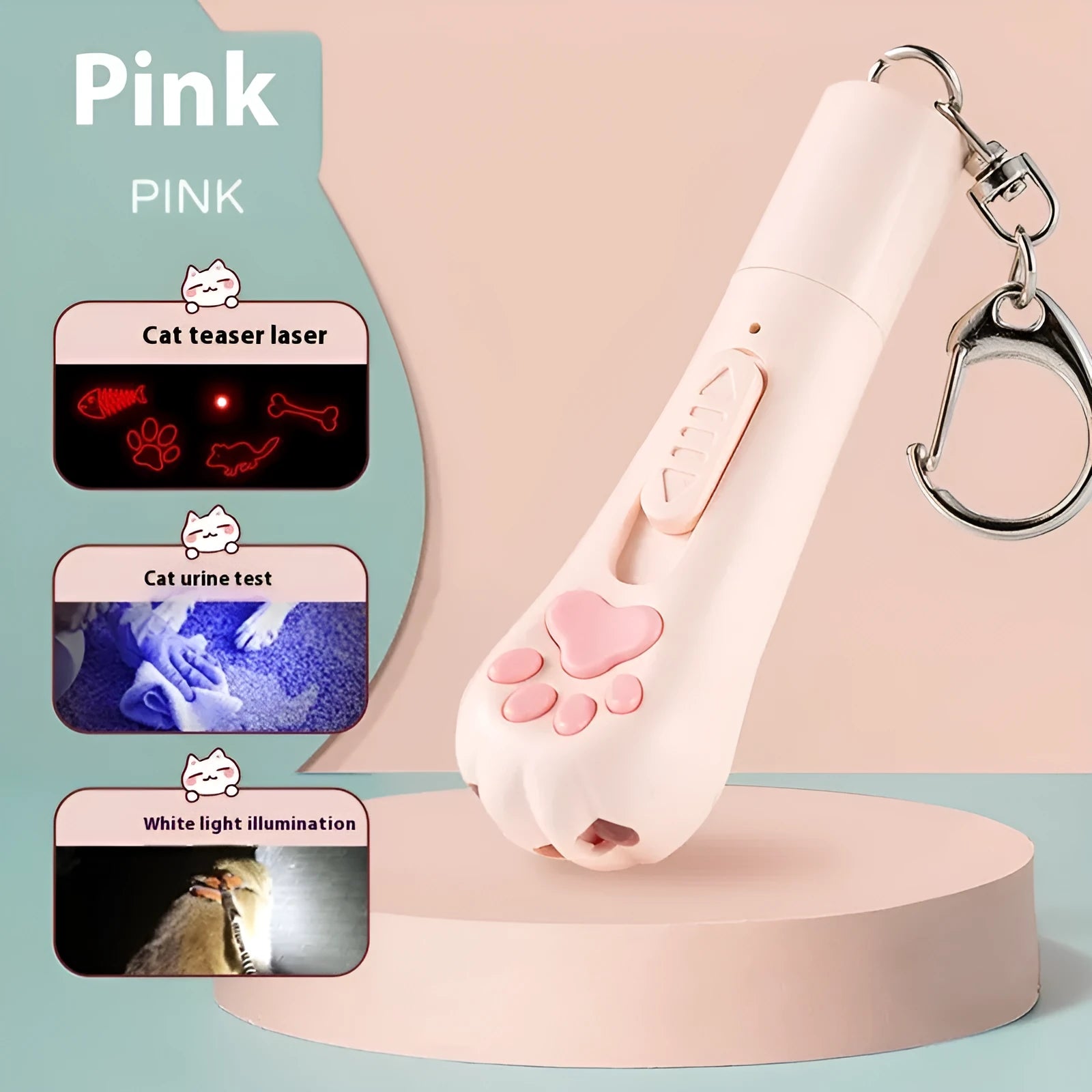 Rechargeable cat pen light toy with teaser attachment in pink, cream white, or sky blue