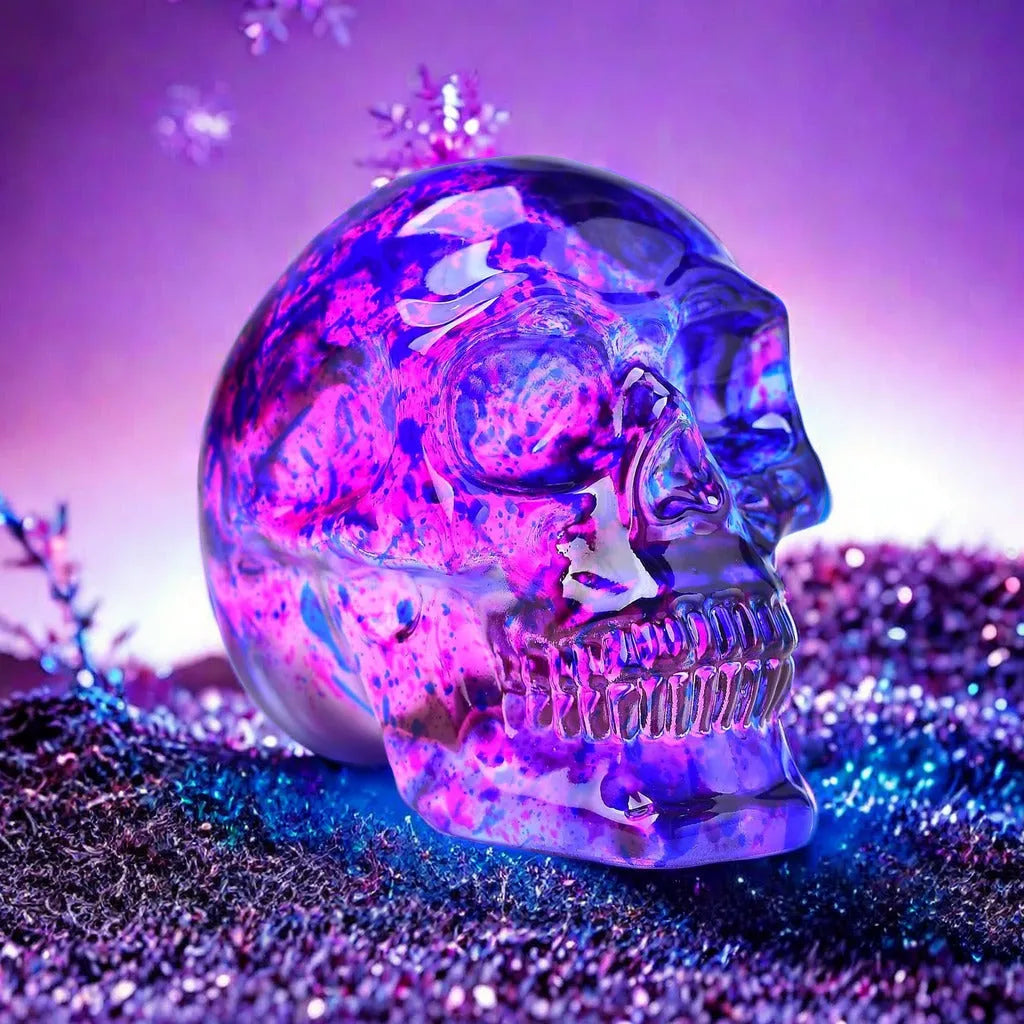 Pink and blue floral glass skull ornament on a shelf for decorative display