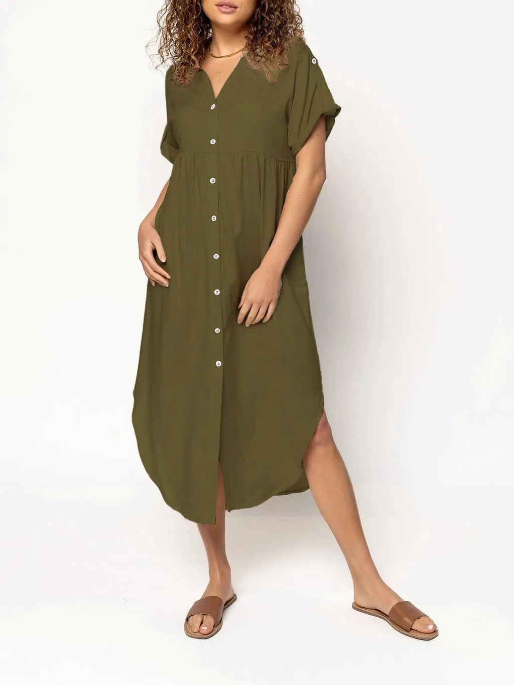 Loose casual button-front mid-length dress in solid colour