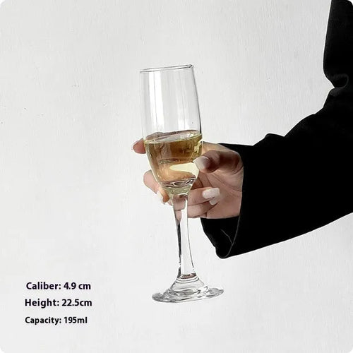 Clear crystal champagne glasses set showing seven different design styles including flute and goblet shapes