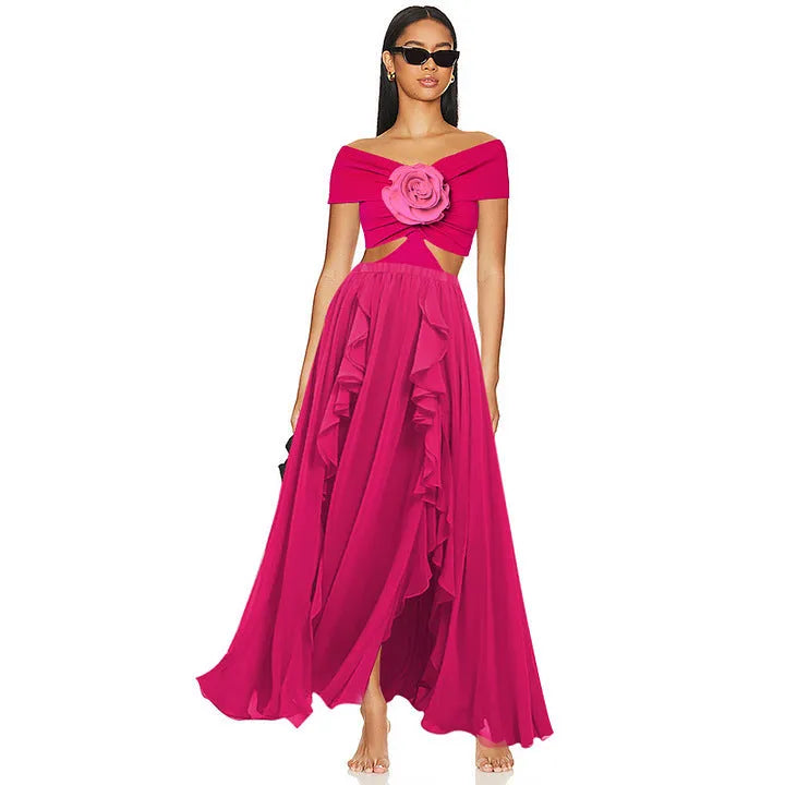 Women's floral decoration hollow-out one-piece swimsuit with matching skirt in quick-drying polyester fabric