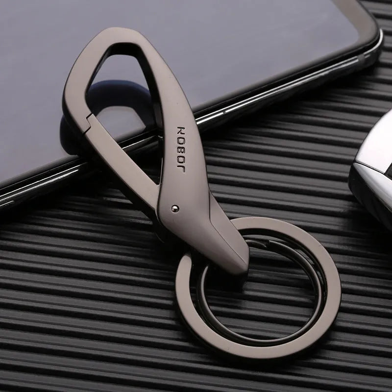 Zinc alloy double ring keychain in black, chrome or nickel colour showing 8.3cm by 3.5cm size