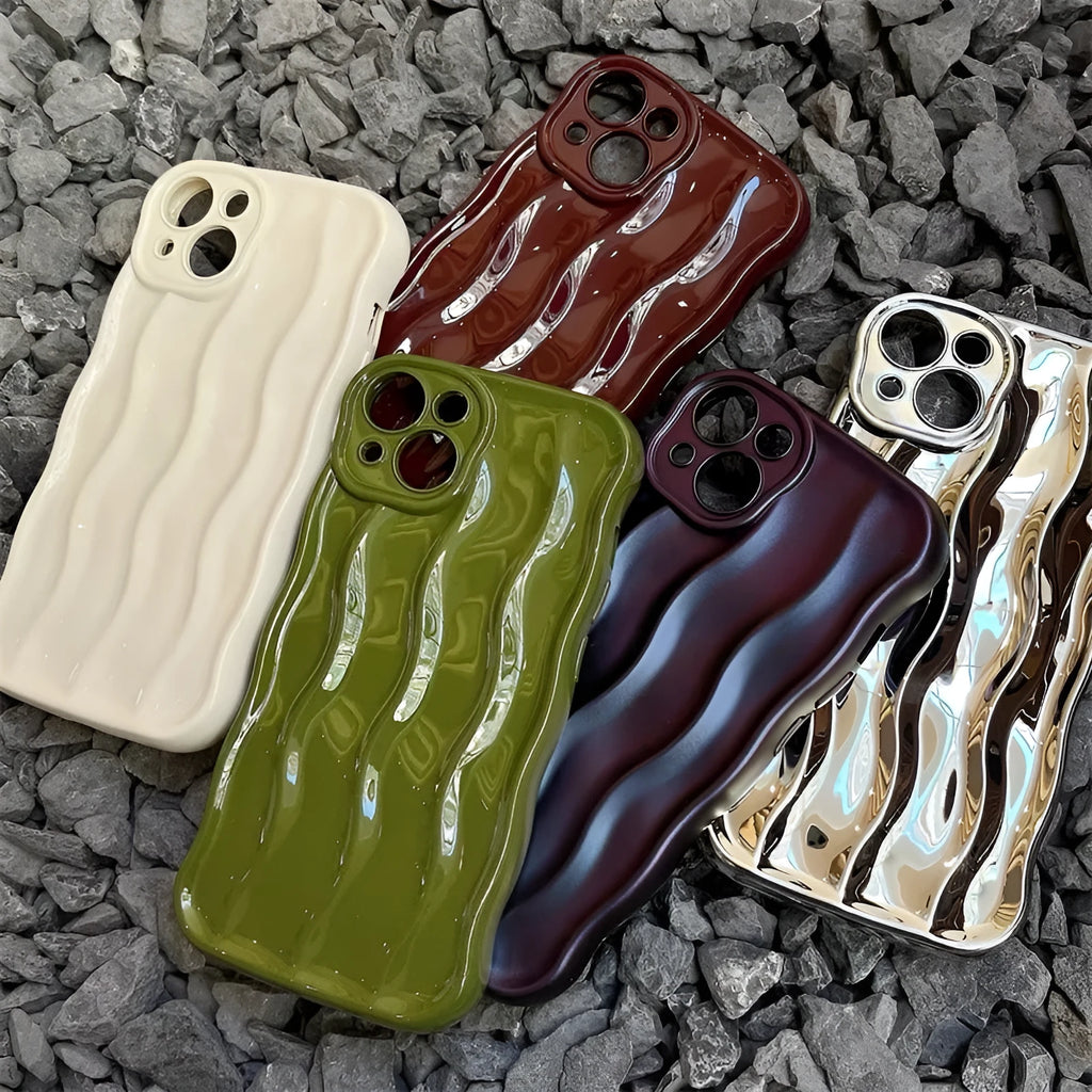 Silicone iPhone 17 case with water ripple texture in burgundy, green, silver, purple, and beige colour options