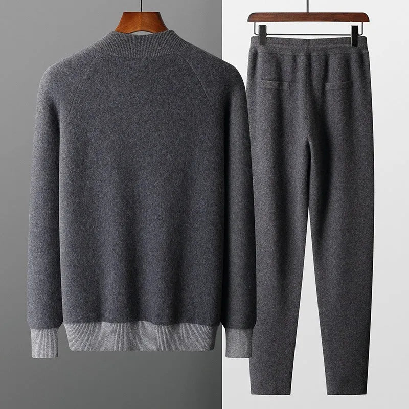 Men's cashmere wool blend knitted suit set with half turtleneck zipper cardigan and matching trousers for winter wear