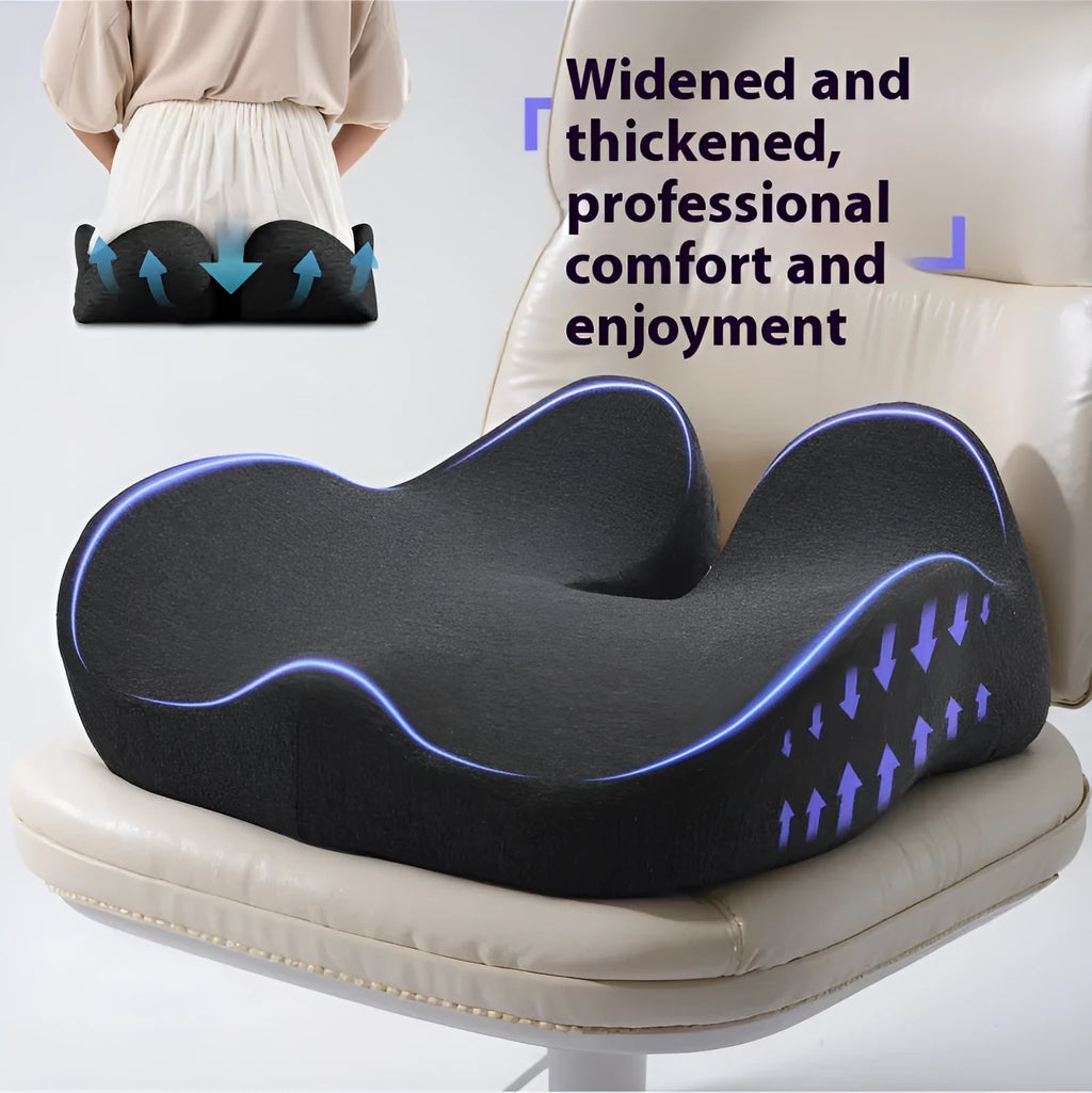 Memory foam office chair seat cushion in light grey colour showing dimensions of 46x43x12cm