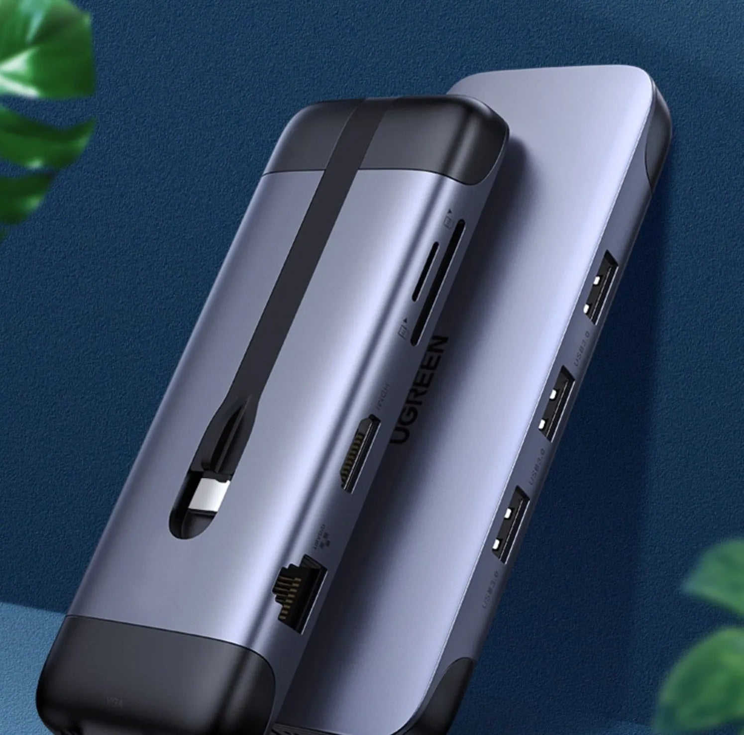 USB C dock expansion adapter showing HDMI, VGA, gigabit network, card reader, PD and USB 3.0 ports