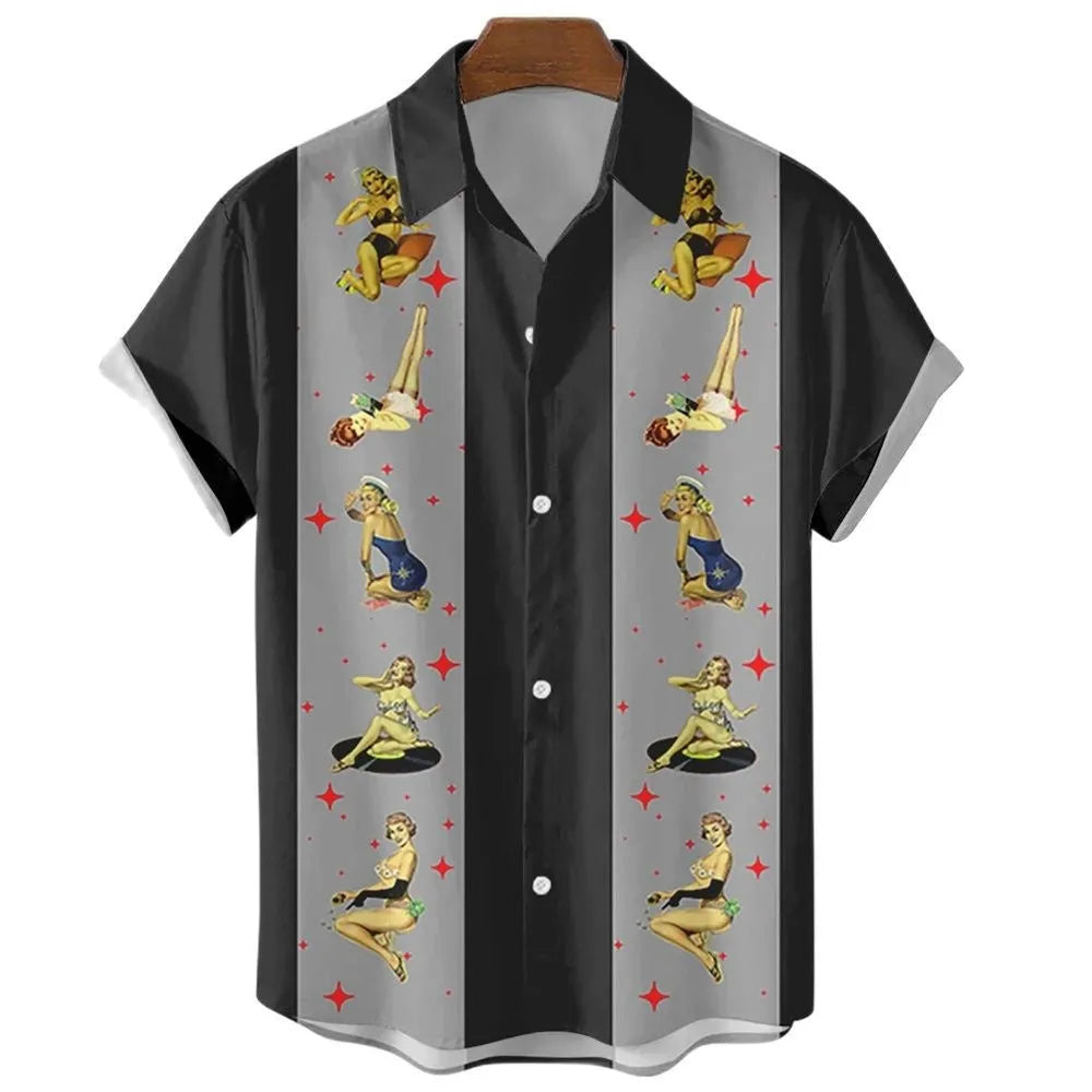 A man's striped Hawaiian short-sleeve shirt in polyester, shown in one of the available colours.