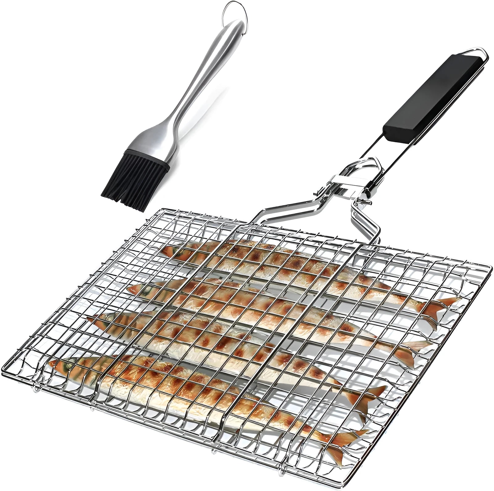 Square folding stainless steel wire barbecue grill mesh basket with a cleaning brush.