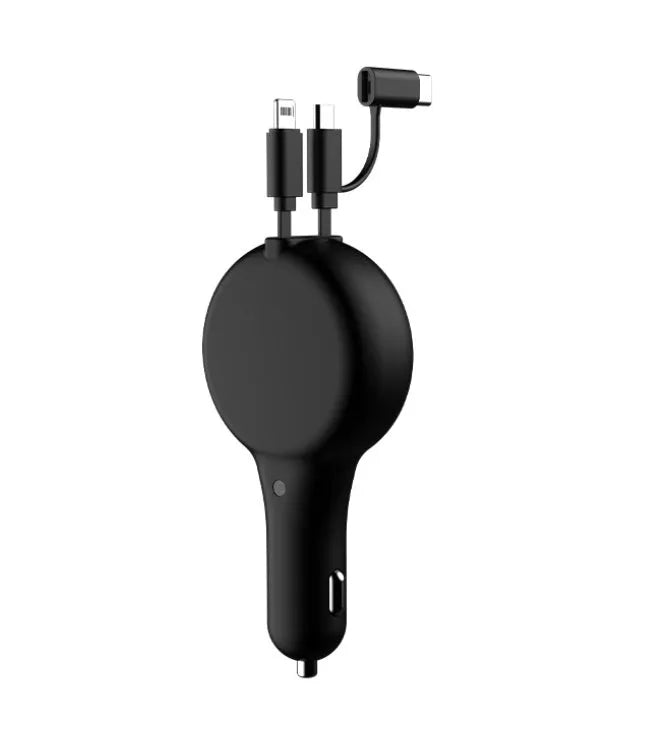 Black retractable car charger with two cables extended, showing Type-C and iPhone charging heads