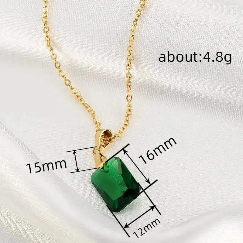 Rectangular copper geometric pendant necklace with green finish and O-ring chain