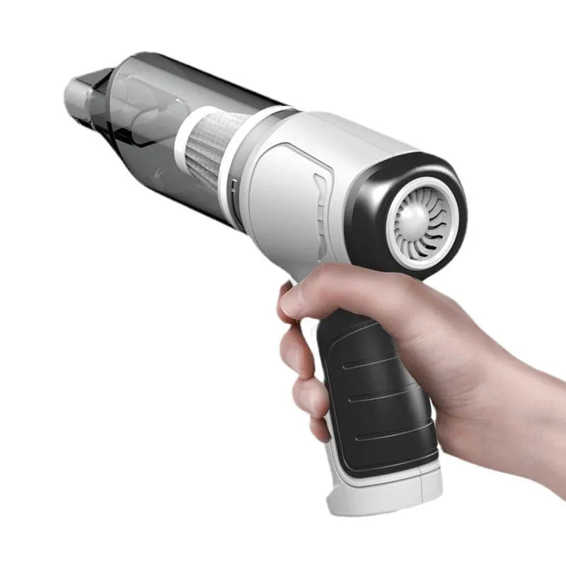 Wireless car vacuum cleaner in gold or silver with 200ml dust bucket, measuring 165x140x90mm