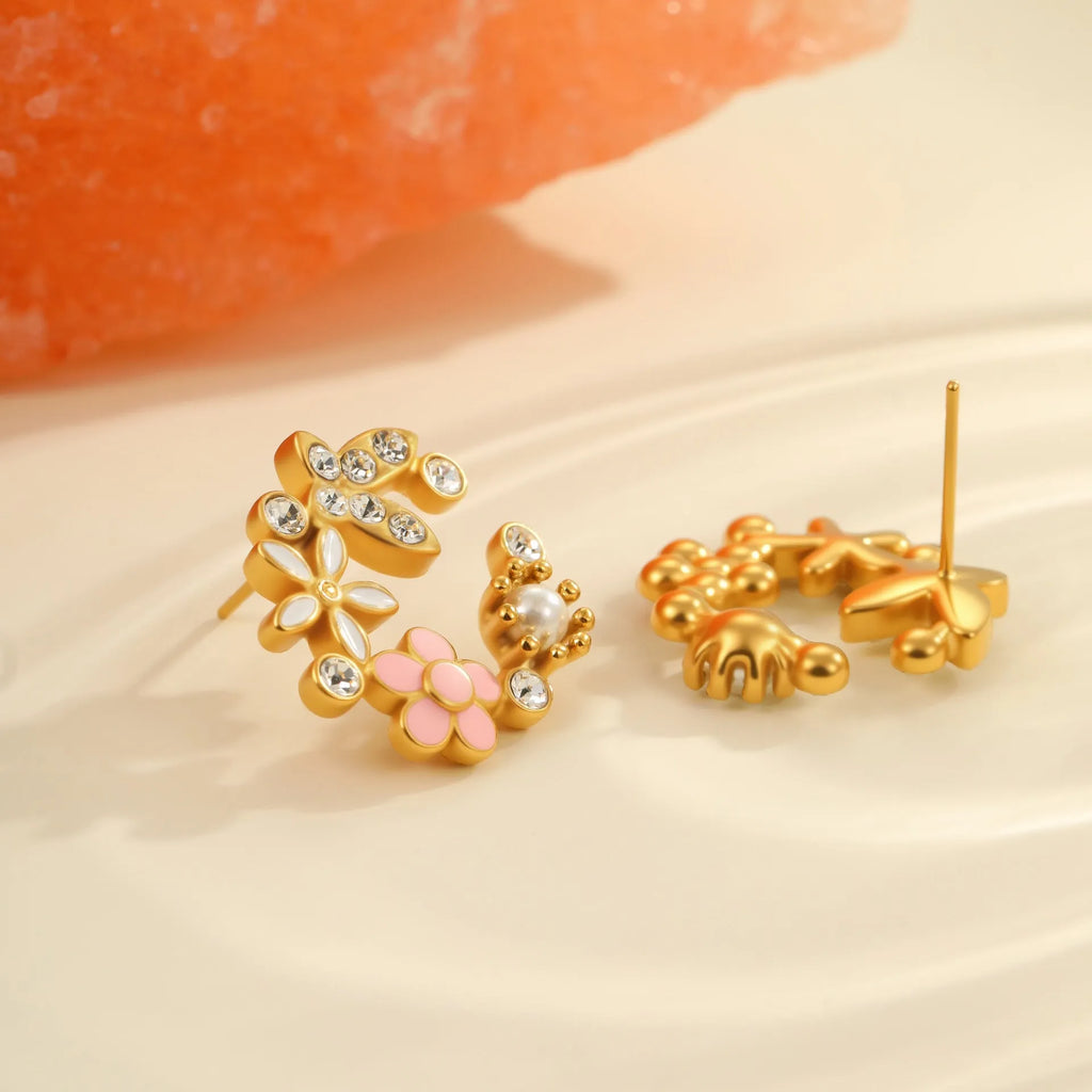 Colourful flower petal stud earrings with electroplated finish and stainless steel construction