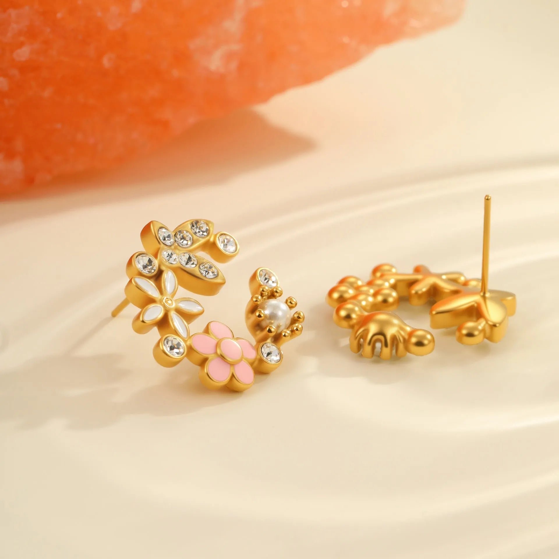 Colourful flower petal stud earrings with electroplated finish and stainless steel construction