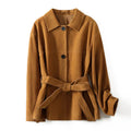 Mid-length retro cashmere coat with Peter Pan collar and genuine leather stitching in Caramel Mocha colour