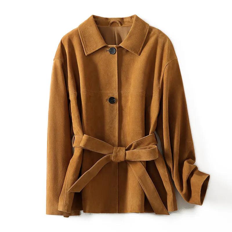 Mid-length retro cashmere coat with Peter Pan collar and genuine leather stitching in Caramel Mocha colour