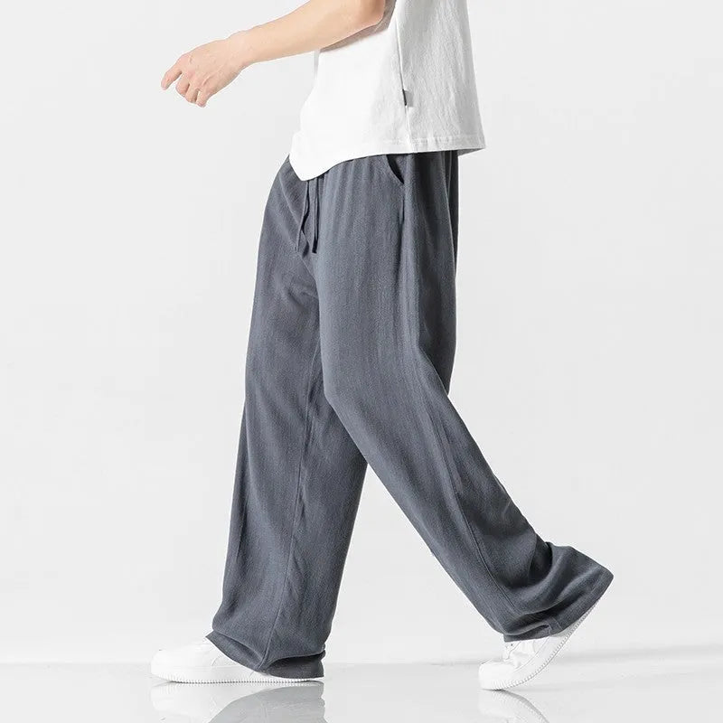 Men's bamboo fibre linen trousers in straight leg cut with cropped length and drawstring waist