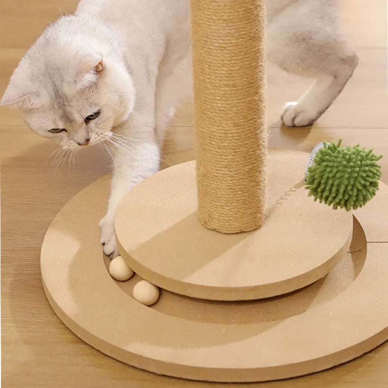 Vertical cat climbing frame with hemp rope scratch surface in Canna colour with chamfered columns.