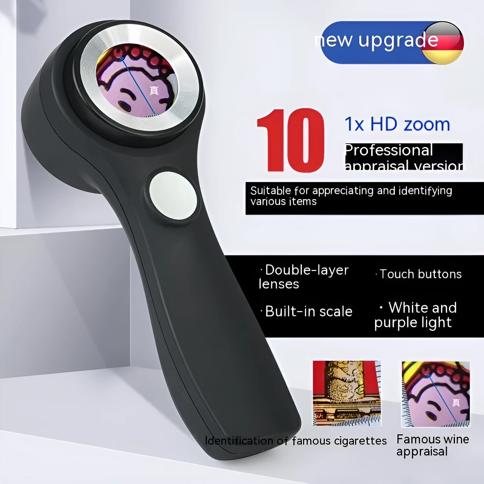 Black USB-C rechargeable magnifying glass for jewellery and tobacco appraisal.