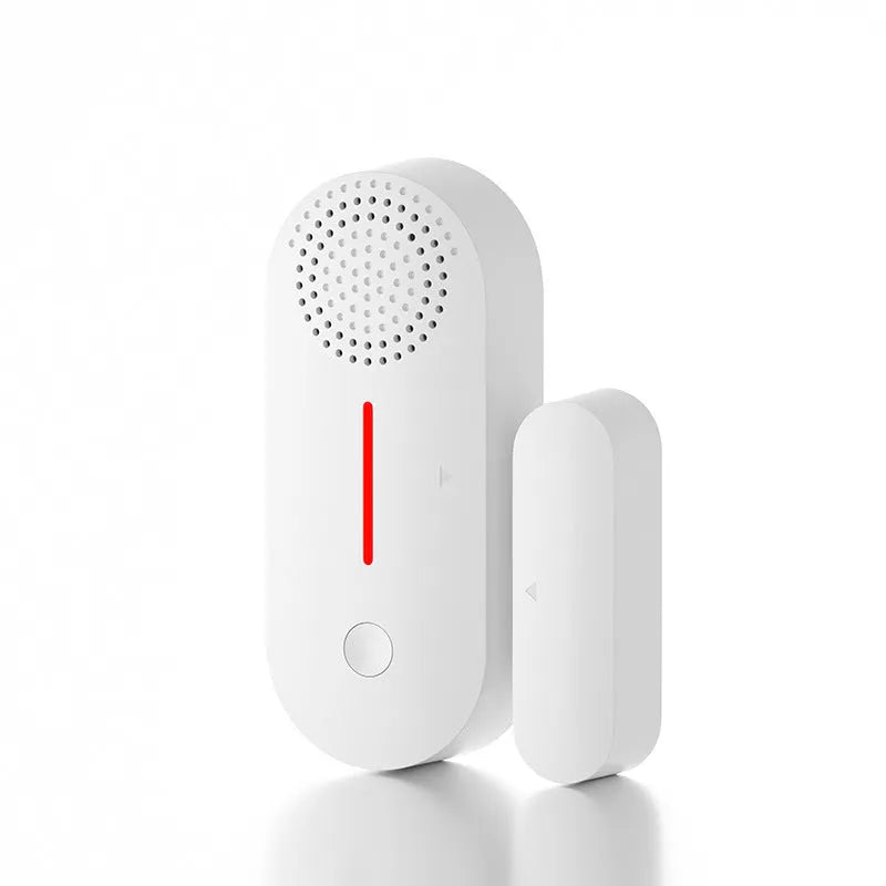 White WiFi door magnetic sensor alarm unit with separate magnetic contact for home security