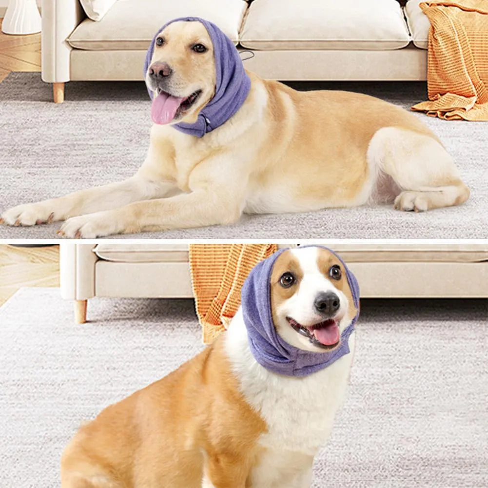 Dog wearing calming hoodie with ear covers in soft polyester fabric