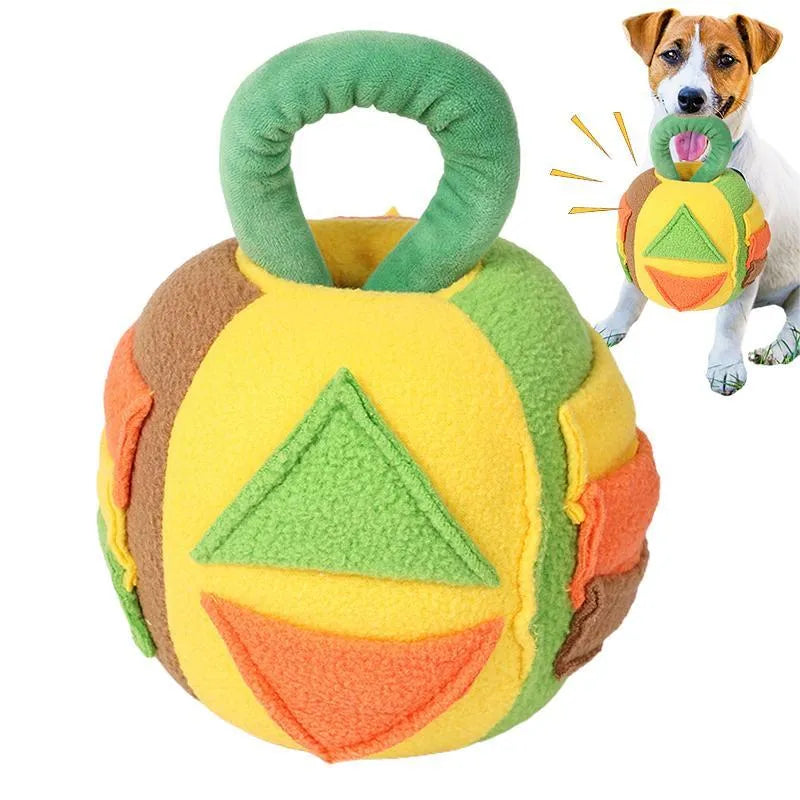 Pink and green plush ball dog toy with squeaker and treat pockets on a white background.