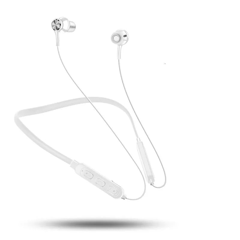 Sports neckband Bluetooth earphones in black, red, or white colours with secure neckband design