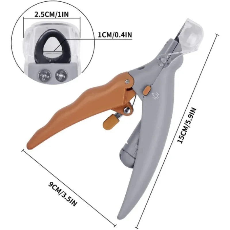 Yellow pet nail clipper with LED light and magnifying lens on a white background.