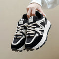 Women's black sports casual shoes with platform flat heel and lace-up front