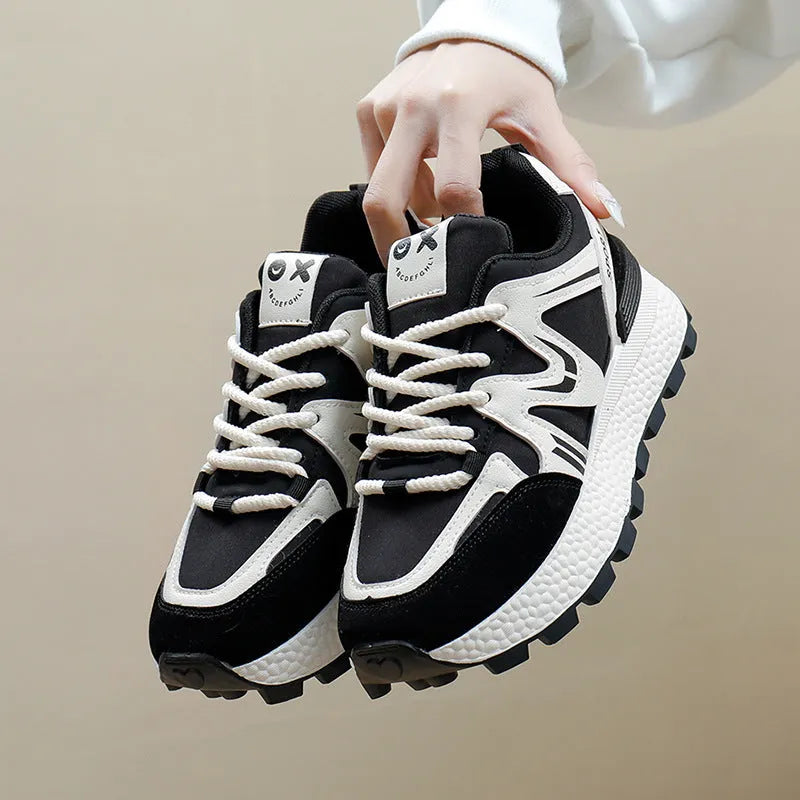 Women's black sports casual shoes with platform flat heel and lace-up front
