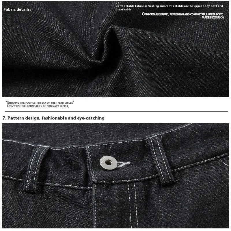 Black denim work trousers with multiple pockets and pleated front design on mid-waist fit