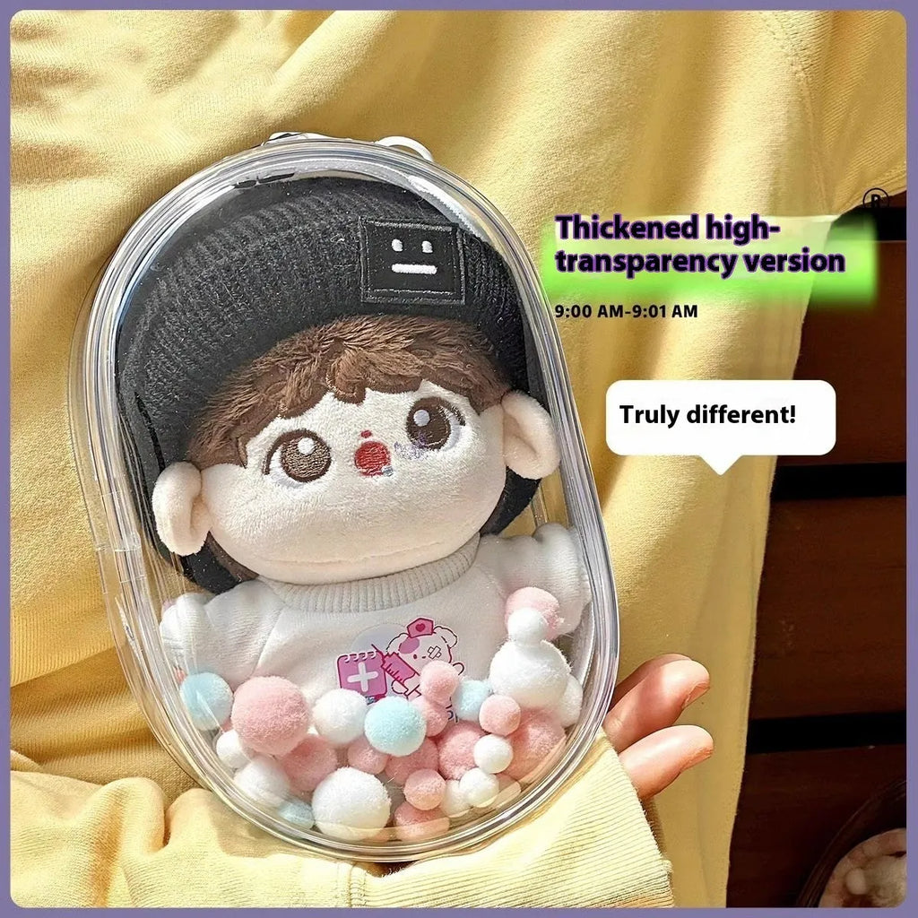 Transparent PVC storage bag for cotton dolls in cartoon backpack style with keychain