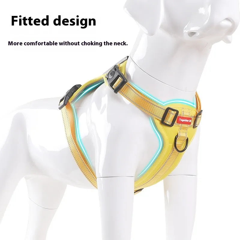 Polyester dog chest harness and lead set in multiple colours including Lake Blue, pink, and yellow