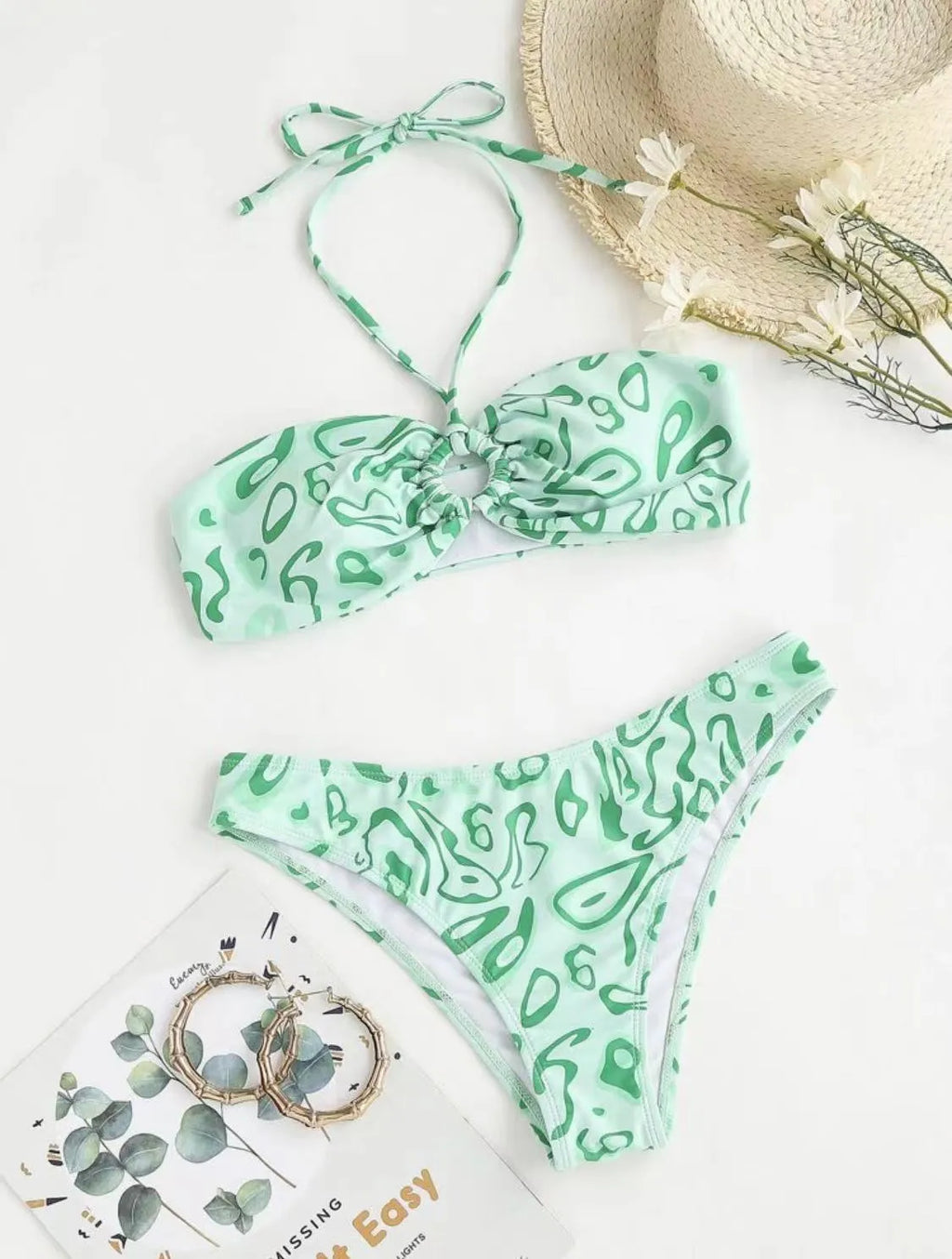 Blue floral bandeau bikini swimsuit with split high-cut legs and adjustable triangle top