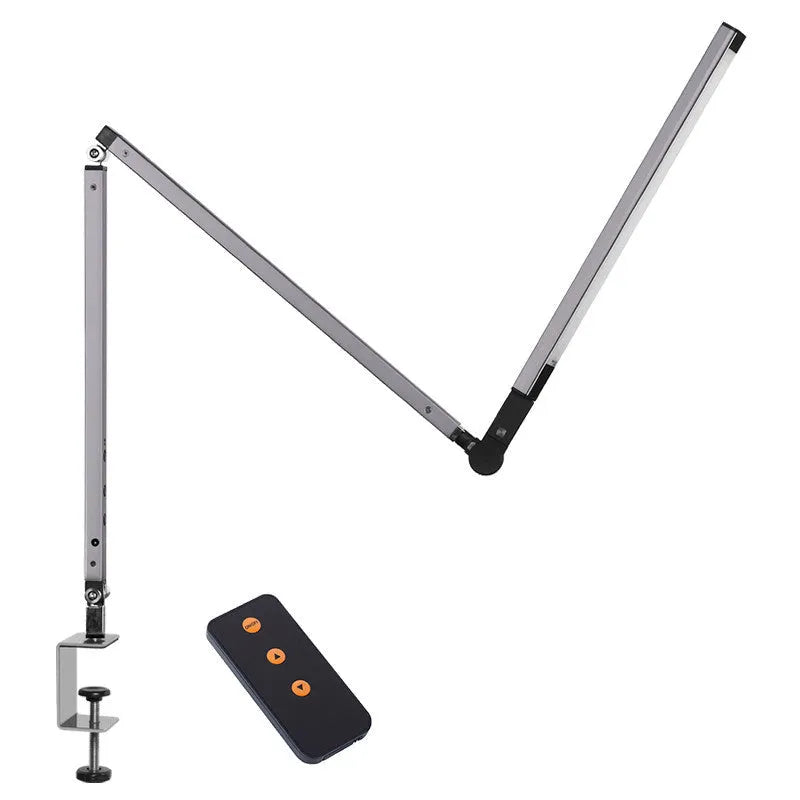 Aluminium clip-on folding desk lamp with remote control, shown in dazzling black finish.