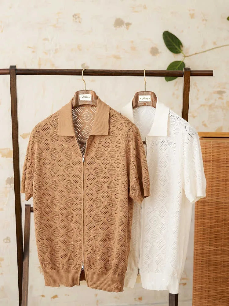 Cotton short sleeve cardigan with front zipper and lapel collar in light brown colour