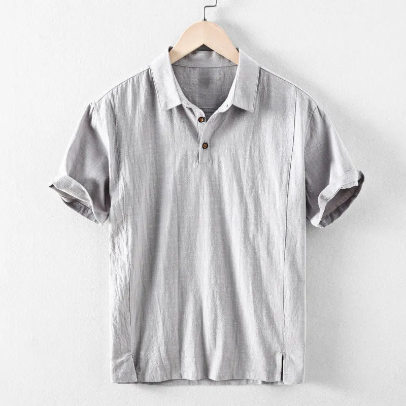 Men's loose fit linen blend casual shirt in solid colours: beige, light grey, navy blue, sky blue.