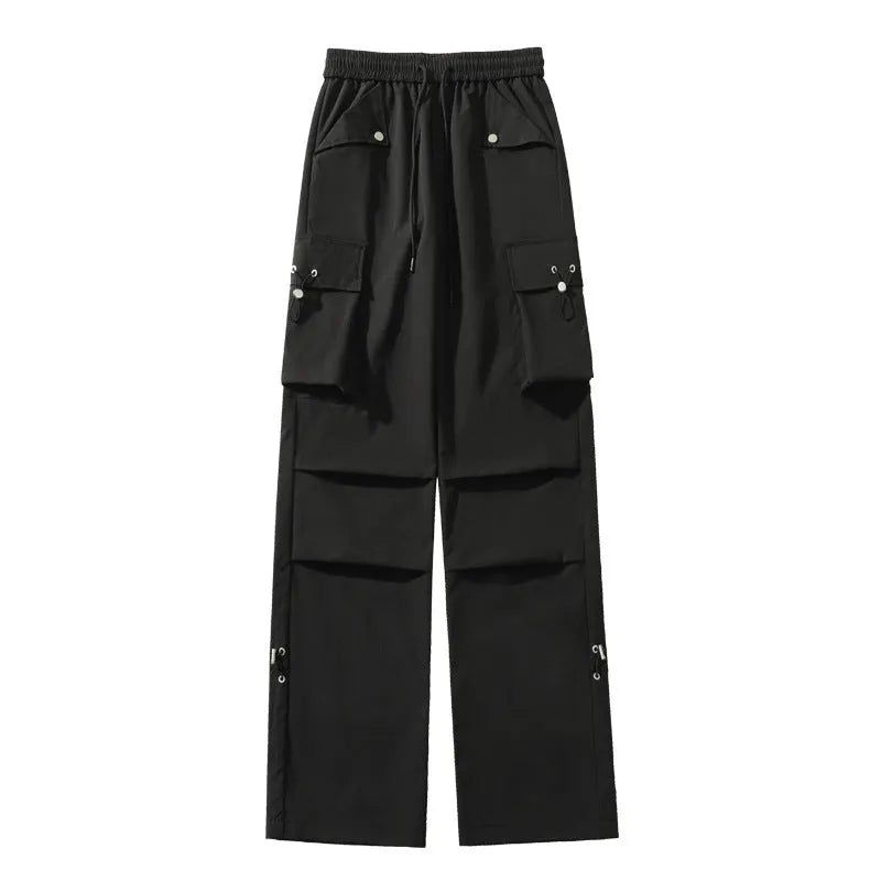 Plus size waterproof trousers in black straight-leg style with drawstring waist