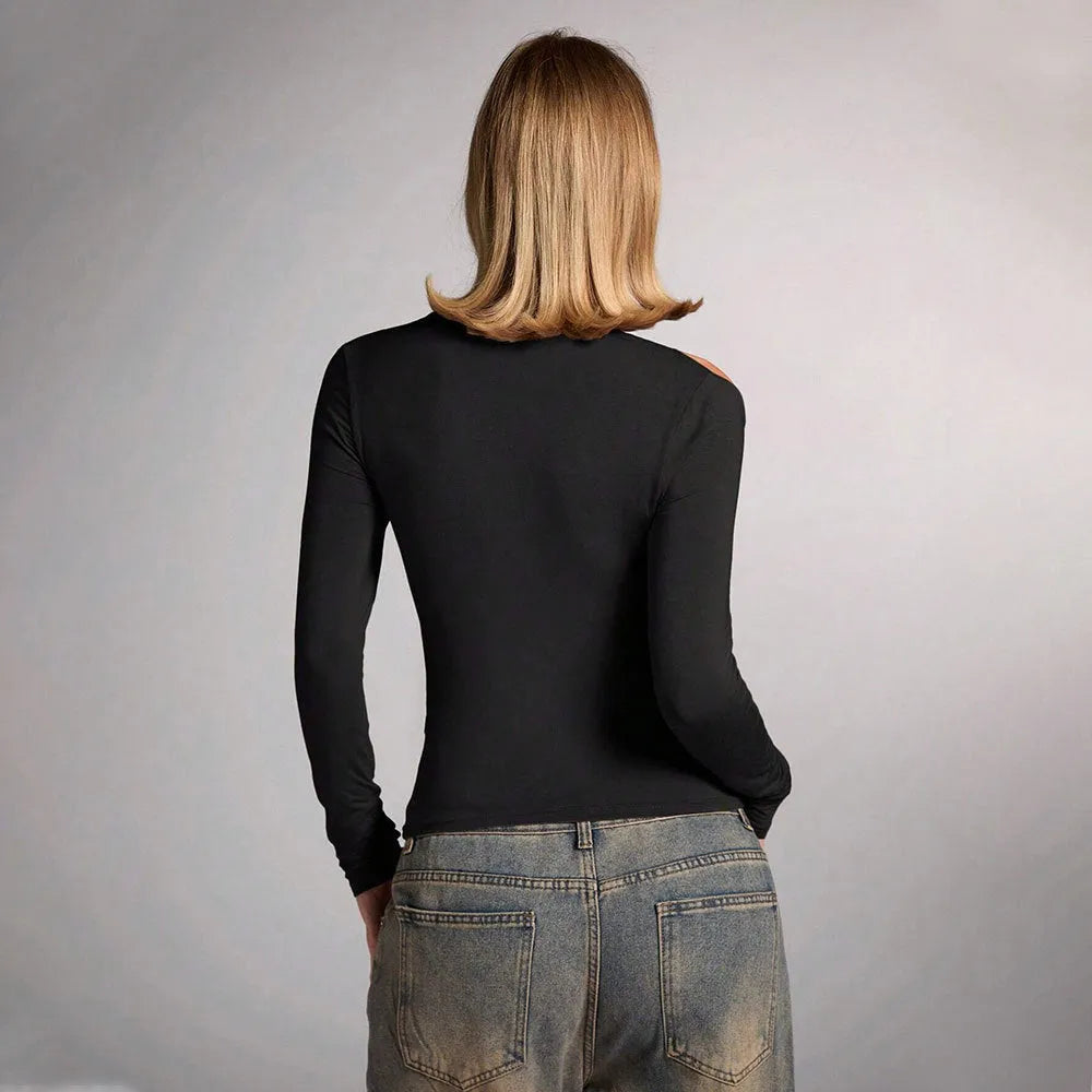Black women's halter top with long sleeves and slim fit, showing shoulder-baring design